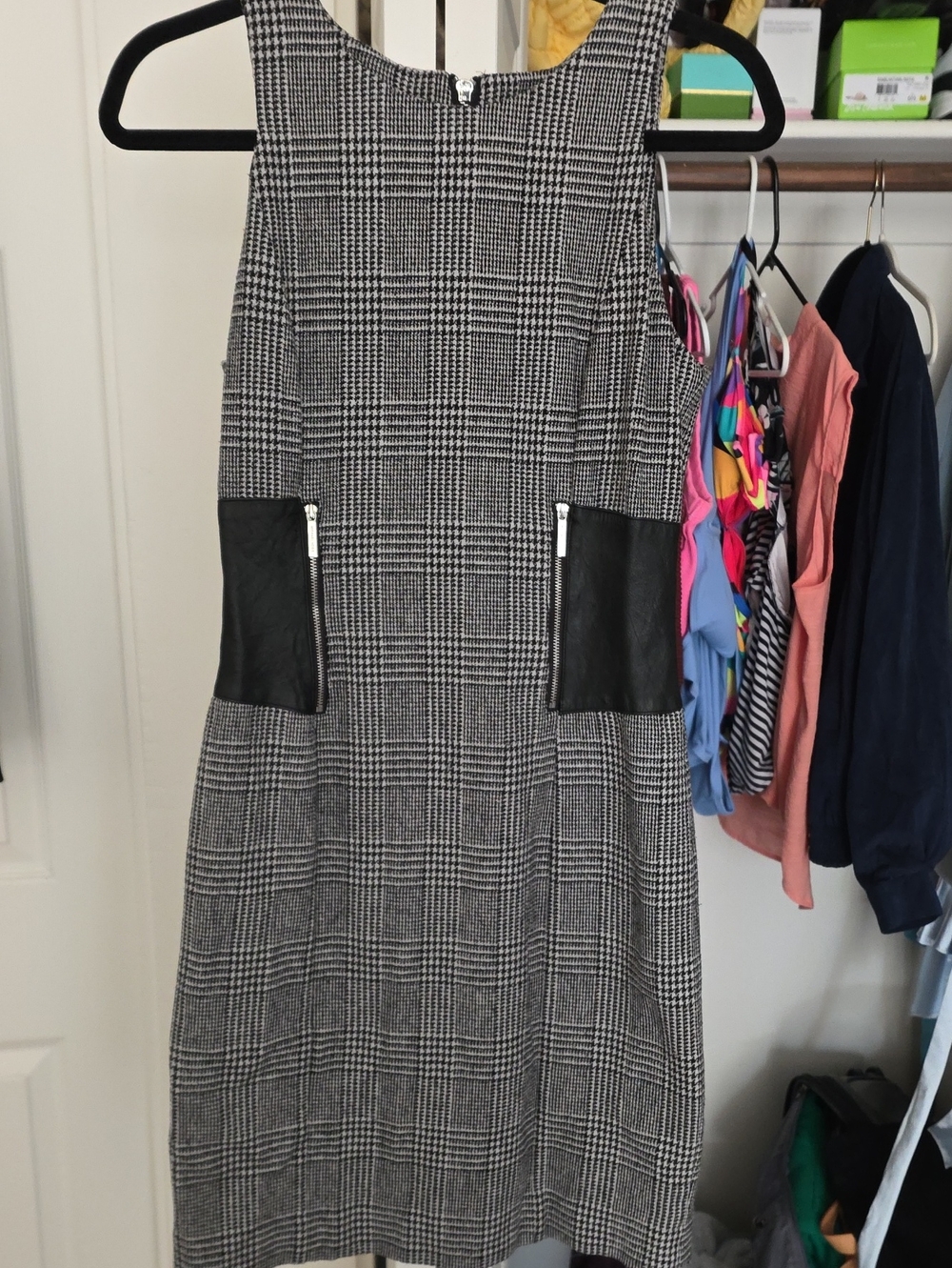 MICHAEL Michael Kors Black & White Plaid Pencil Skirt with Faux Leather Pockets